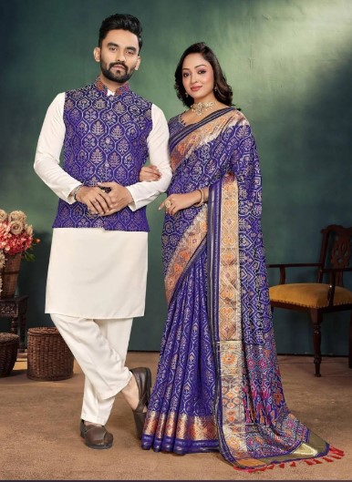 Men and Women Couple Combo of Saree Kurta and Jacket in Blue